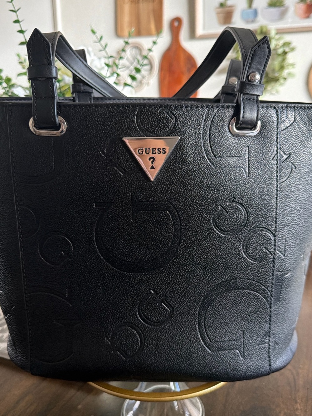 GUESS Black Embossed Logo Tote with Rose Gold Triangle Plaque
